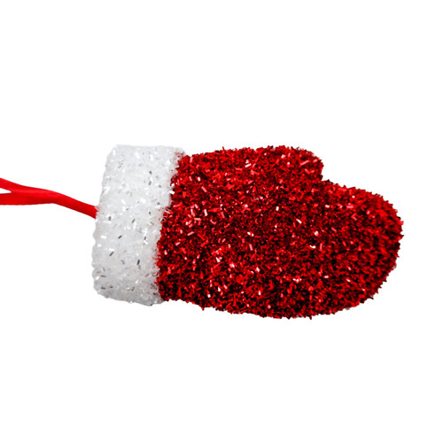 Red & White Tinsel Glitter Mitten Hanging Decoration (15cm)