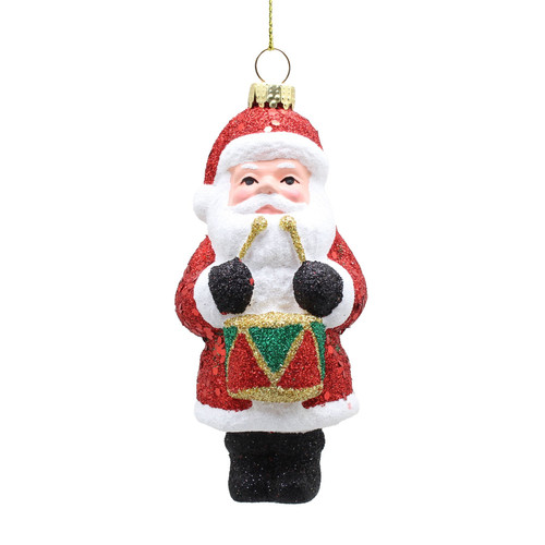 Glitter Santa with Drum Hanging Ornament (11cm)