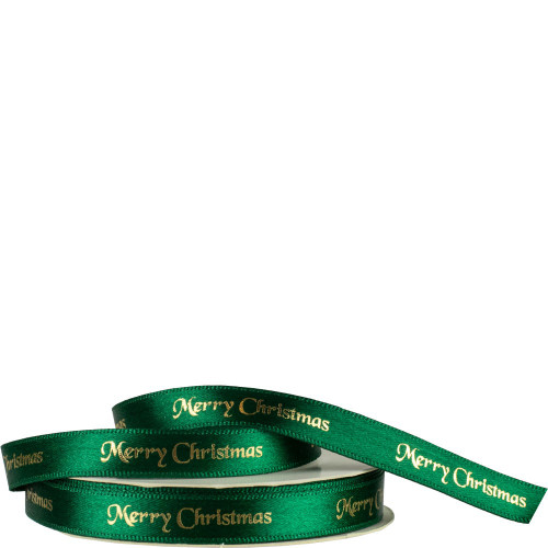 Green & Gold Merry Christmas Satin Ribbon (10mm)