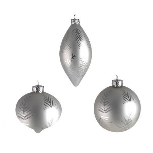 Silver Glass Bauble with Leaf Pattern (Assorted Designs)