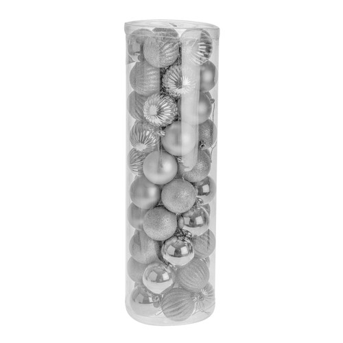 50 Silver Plastic Baubles in Matt, Shiny, Glitter & Ribbed Finish (6cm)