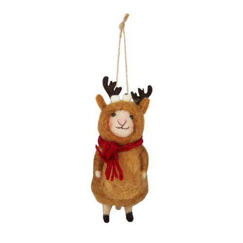 Beige Felt Mouse in Reindeer Costume (12cm)