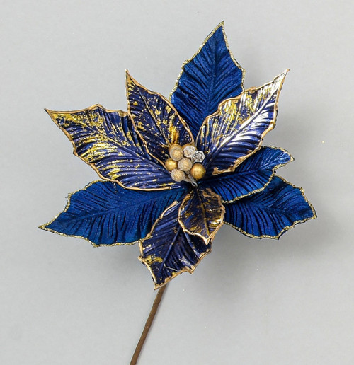 Deep Blue & Metallic Gold Christmas Poinsettia Pick (48cm)