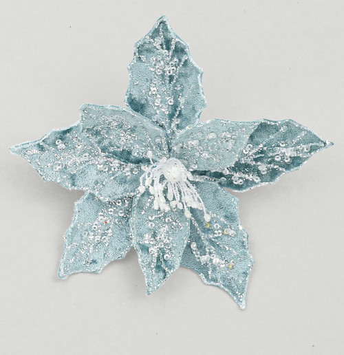Aqua Velvet Festive Poinsettia with Gems & Clip (17cm)