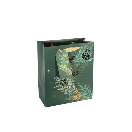 Green & Gold Medium Christmas Foliage & Pine Cones Gift Bag with Tag (25cm)