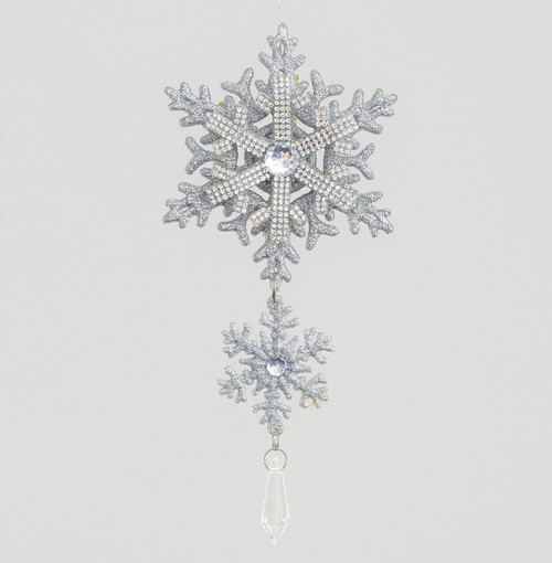 Silver Glitter & Diamante Double Snowflake Decoration (10cm)