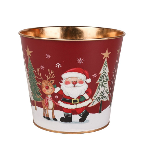 Rosy Cheeks Santa & Rudolph Metal Planter Pot with Liner (11.5cm H)