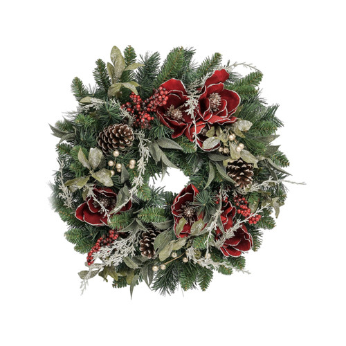 Red Magnolia & Pinecone Wreath (24 Inch)
