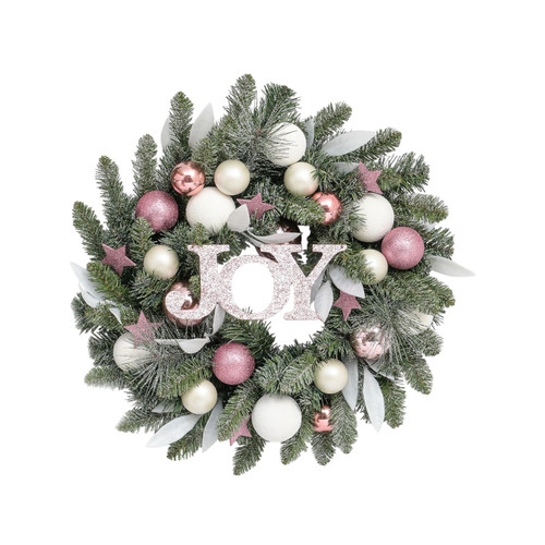 Pink & White 'JOY' Christmas Wreath (24 Inch)