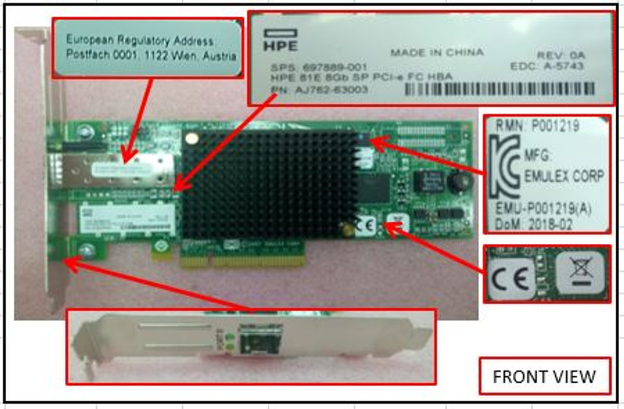 HPE 81E AJ762B 8Gb Single Port PCI-Express x8 Fibre Channel HBA