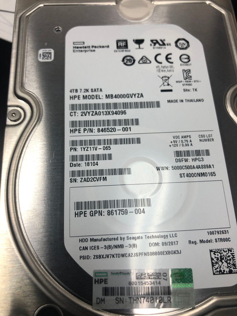 HPE 862139-001 4TB 7200RPM 3.5in DS SATA-6G SC Midline G9 G10 HDD