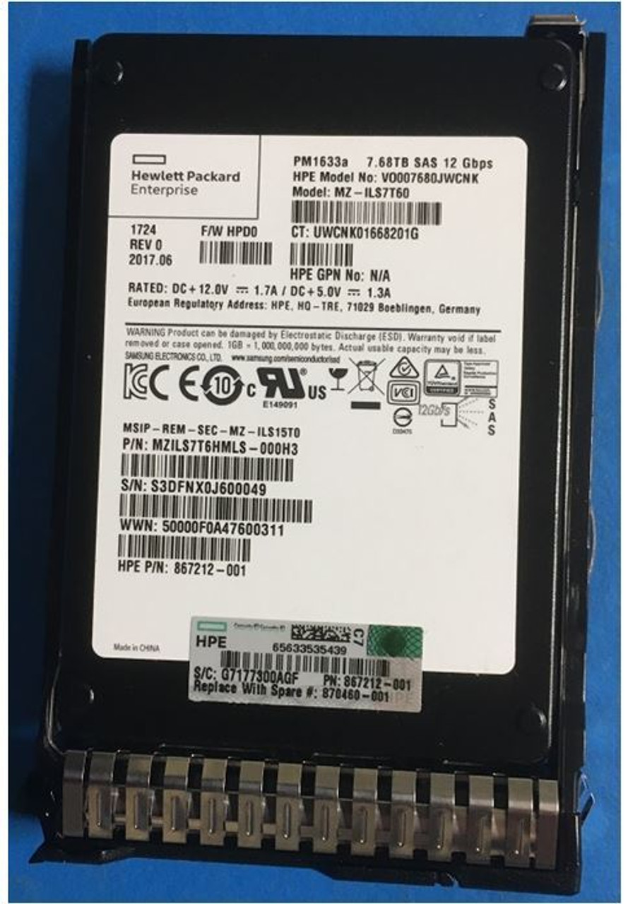 HPE 870144-H21 7.68TB 2.5in DS SAS-12G SC Read Intensive G9 G10 SSD