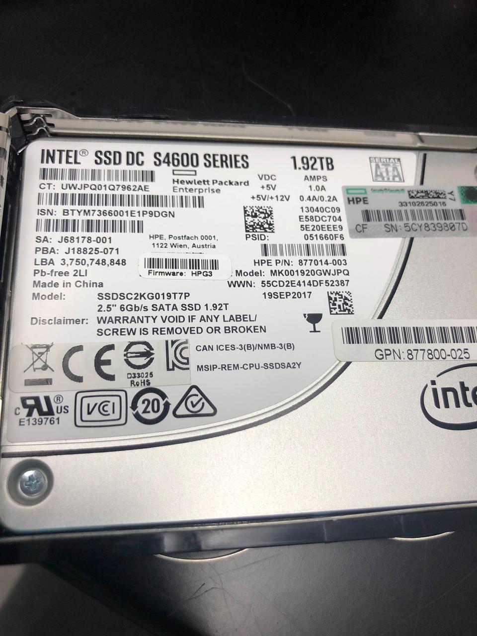 HPE 877788-B21 1.92TB 2.5in DS SATA-6G SC Mixed Use G9 G10 SSD