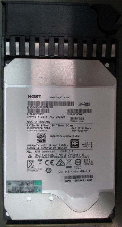 HPE MSA 867943-002 12TB 7200RPM 3.5in SAS 12G Midline Helium HDD