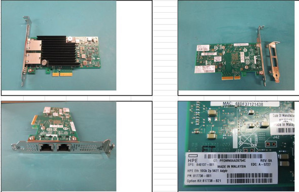 HPE 817738-B21 Ethernet 10Gb Dual Port 562T PCI Express 3.0 x4 Network Adapter for Apollo and ProLiant Gen10 Servers (New Sealed Spare with 1 Year Warranty)