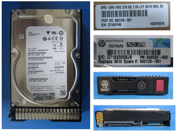 HPE 862129-001 3TB 7200RPM 3.5in DS SATA-6G SC Midline G9 G10 HDD