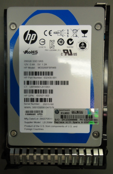 HPE 632521-002 200GB 2.5inch SFF SAS-6Gbps Smart Carrier Enterprise Mainstream Solid State Drive for ProLiant Gen8 Gen9 Servers (Refurbished - Grade A with 30 Days Warranty)