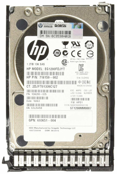 HPE 718162-B21 1.2TB 10000RPM 2.5inch SFF Dual Port SAS-6Gbps SC Enterprise Hard Drive for ProLiant Gen8 Gen9 Gen10 Servers (Brand New with 3 Years Warranty)