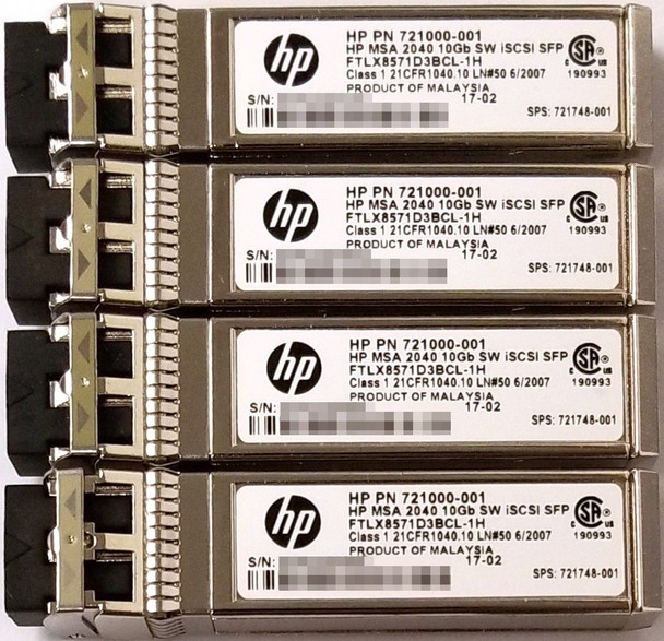 HPE 721748-001 10Gbps Short Wave iSCSI SFP+ 4-Pack Transceiver Module for Modular Smart Array 2040 SAN Storage (Brand New with 3 Years Warranty)