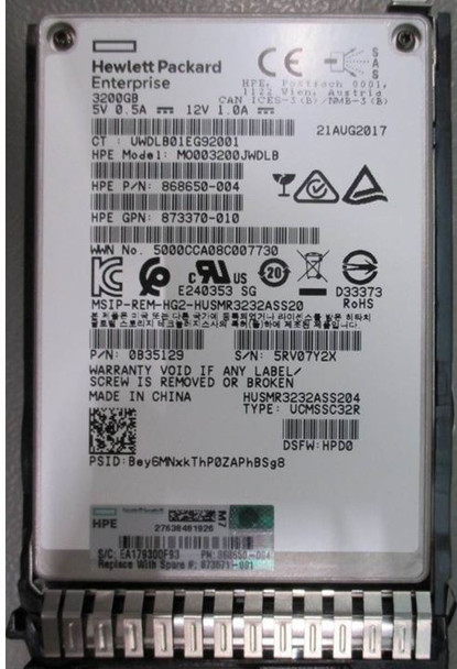 HPE 868650-004-SC 3.2TB 2.5inch SFF MLC Digitally Signed Firmware SAS-12Gbps SC Mixed Use Solid State Drive for ProLiant Gen9 Gen10 Servers (3 YR Warranty)