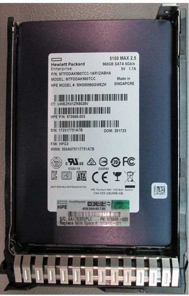 HPE 870668-003-SC 960GB 2.5inch SFF Digitally Signed Firmware TLC SATA-6Gbps Mixed Use Solid State Drive for ProLiant Gen9 Gen10 Servers (New Sealed Spare with 1 Year Warranty)