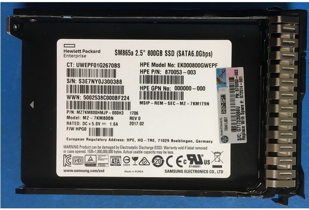 HPE 872359-K21 800GB 2.5inch SFF Digitally Signed Firmware MLC SATA-6Gbps Smart Carrier Write Intensive Solid State Drive for ProLiant Gen9 Gen10 Servers (Brand New with 3 Years Warranty)