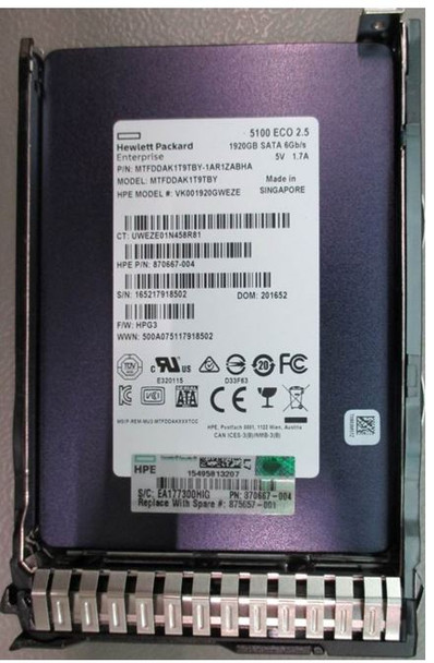 HPE 875657-001 1.92TB 2.5inch SFF Digitally Signed Firmware SATA-6Gbps Smart Carrier Read Intensive Solid State Drive for ProLiant Gen8 Gen9 Gen10 Servers (New Bulk Pack with 90 Days Warranty)
