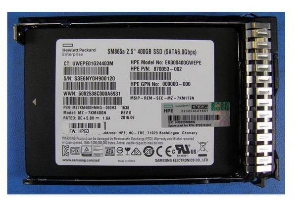 HPE 872355-H21 400GB 2.5inch SFF Digitally Signed Firmware SATA-6Gbps Smart Carrier Write Intensive Solid State Drive for ProLiant Gen9 Gen10 Servers (Refurbished - Grade A with Lifetime Warranty)