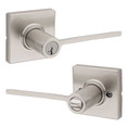 Kwikset Ladera Keyed Entry Lever Smartkey With Square Rose, 6-Way Adjustable Latch And Round Corner Strike, Satin Nickel
