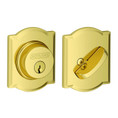 Schlage Residential B60 Deadbolt With Camelot Trim Single Cylinder, Dual Option Latch, Adjustable Backset, 1-1/8" X 2-3/4" Round Corner Strike, Decorative, Bright Polished Brass