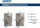 Schlage Residential B60 Deadbolt With Century Trim Single Cylinder, Dual Option Latch, Adjustable Backset, 1-1/8" X 2-3/4" Round Corner Strike, Decorative, Bright Polished Chrome