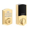 Kwikset Traditional Push Button Electronic Deadbolt Smartkey With Home Connect, Z-Wave Wireless Protocol, Smartkey, Round Corner Adjustable 20 Minute Ul Latch, Round Corner Strike, Lifetime Polished Brass