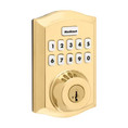 Kwikset Traditional Push Button Electronic Deadbolt Smartkey With Home Connect, Z-Wave Wireless Protocol, Smartkey, Round Corner Adjustable 20 Minute Ul Latch, Round Corner Strike, Lifetime Polished Brass