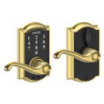 Schlage Residential Fe695 Keyless Touchscreen Lever With Camelot Trim And Flair Lever Style, Bright Polished Brass