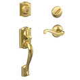 Schlage Residential F60 Camelot Handleset/Entrance Accent Lever Complete Lock X Split Finish Style Handleset, Flair, Split Finish 505 Lifetime, Left Hand, Bright Polished Brass