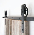 Orca Hardware 6' Barn Door-Flat Track Kit With Spoke Wheel Hangers, Includes, Spacers, End Stops, Floor Guide, Connector, Anti-Jump Blocks And All Necessary Fasteners, Matte Black