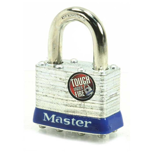 Master Lock Laminated Steel Padlock, Non-Rekeyable, Keyed Different, Body Width: 1-3/4" (44mm), Shackle Length: 15/16" (24mm), Shackle Width: 3/4" (19mm), Shackle Diameter: 5/16" (8mm)