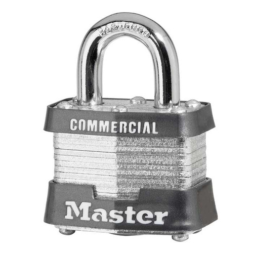 Master Lock Laminated Steel Padlock, Non-Rekeyable, Keyed Different, Body Width: 1-9/16" (40mm), Shackle Length: 3/4" (19mm), Shackle Width: 5/8" (16mm), Shackle Diameter: 9/32" (7mm), Gray