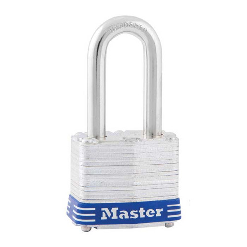 Master Lock Laminated Steel Padlock, Non-Rekeyable, Keyed Alike, Body Width: 1-9/16" (40mm), Shackle Length: 1-1/2" (38mm), Shackle Width: 5/8" (16mm), Shackle Diameter: 9/32" (7mm), Blue