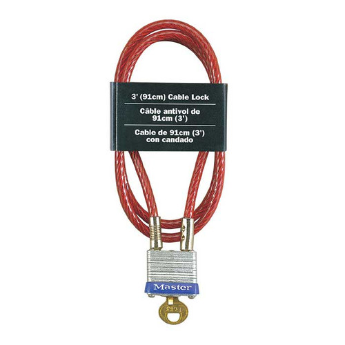 Master Lock Keyed Cable Lock 3 Foot (91cm) Long X 3/16" (5mm) Diameter With Integrated Laminated Steel Padlock