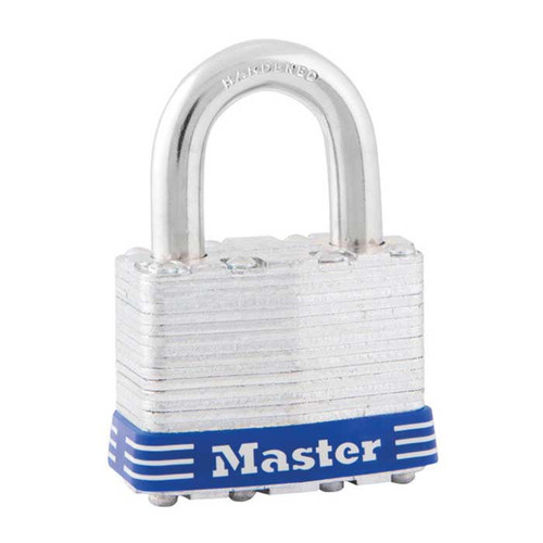 Master Lock Laminated Steel Padlock, Non-Rekeyable, Keyed Different, Body Width: 1-3/4" (44mm), Shackle Length: 15/16" (24mm), Shackle Width: 3/4" (19mm), Shackle Diameter: 5/16" (8mm)-1-D