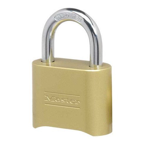 Master Lock Combination Brass Padlock Resettable, Set-Your-Own 4-Digit, Display Pack, Body Width: 2" (51mm), Shackle Length: 1" (25mm), Shackle Width: 1" (25mm), Shackle Diameter: 5/16" (8mm)