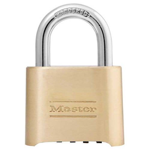Master Lock Combination Brass Padlock Resettable, Body Width: 2" (51mm), Shackle Length: 1" (25mm), Shackle Width: 1" (25mm), Shackle Diameter: 5/16" (8mm)