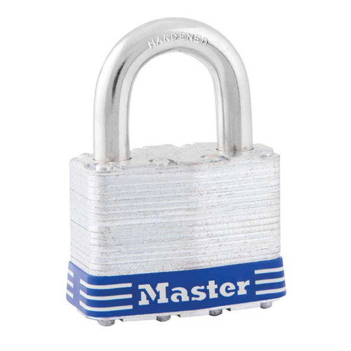Master Lock Laminated Steel Padlock, Non-Rekeyable, Keyed Different, Body Width: 2" (51mm), Shackle Length: 1" (25mm), Shackle Width: 15/16" (24mm), Shackle Diameter: 3/8" (10mm)