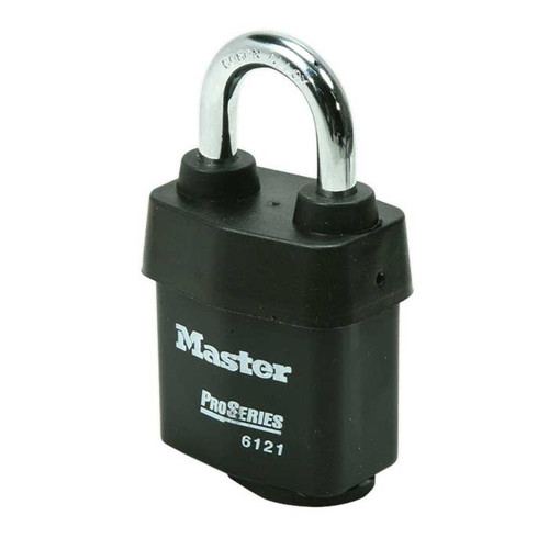 Master Lock Pro Series Weather Tough Padlock Covered Laminated Steel, Rekeyable 5-Pin, Keyed Different, Body Width: 2-1/8" (54mm), Shackle Length: 1-1/8" (29mm), Shackle Width: 7/8" (22mm), Shackle Diameter: 5/16" (8mm), Gray, Black