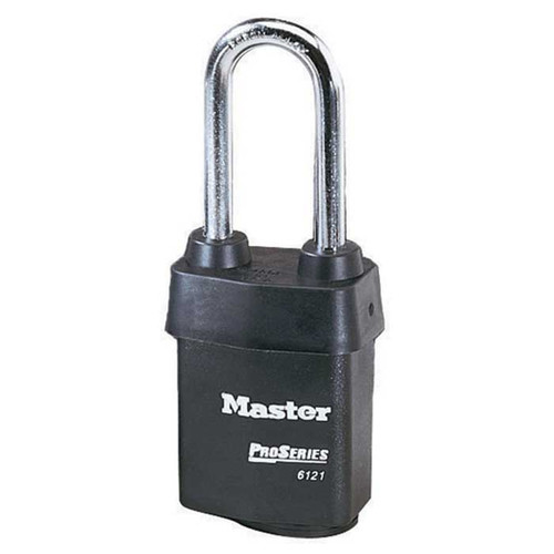 Master Lock Pro Series Weather Tough Padlock Covered Laminated Steel, Rekeyable 5-Pin, Keyed Different, Body Width: 2-1/8" (54mm), Shackle Length: 2-1/2" (64mm), Shackle Width: 7/8" (22mm), Shackle Diameter: 5/16" (8mm), Gray, Black