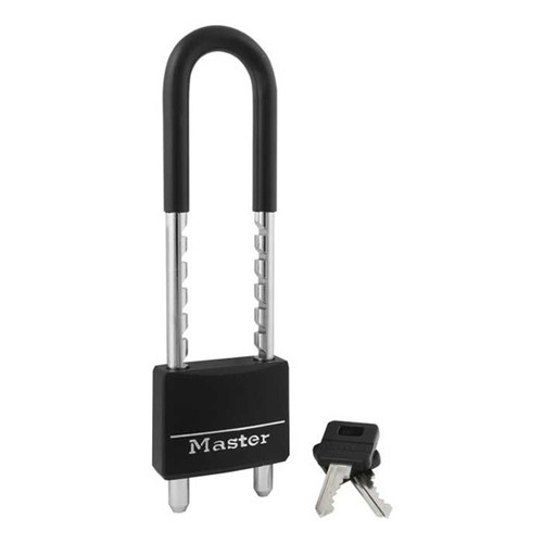 Master Lock Covered Solid Body Padlock, Keyed Different, Width: 2" (51mm), Shackle Length: 2-3/8" To 5-15/16" (6cm To 15cm), Shackle Width: 1-1/32" (28mm), Shackle Diameter: 5/16" (8mm), Black