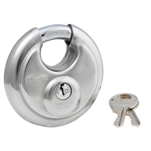 Master Lock Discus Padlock, Shrouded Shackle, Keyed Different, Key Retaining, Body Width: 2-3/4" (70mm), Shackle Length: 5/8" (16mm), Shackle Width: 3/4" (19mm), Shackle Diameter: 3/8" (10mm)