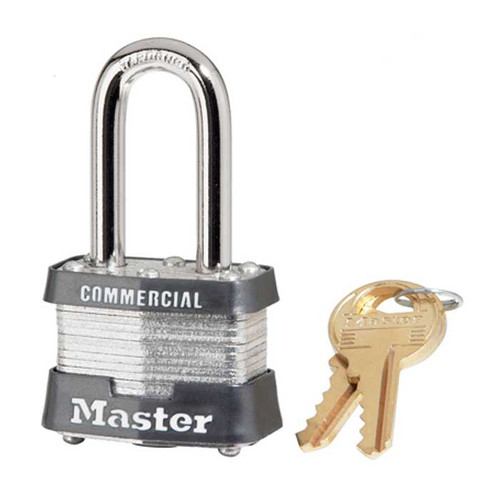 Master Lock Laminated Steel Padlock, Rekeyable, 5-Pin Tumbler, Keyed Different, Body Width: 1-3/4" (44mm), Shackle Length: 1-1/2" (38mm), Shackle Width: 3/4" (19mm), Shackle Diameter: 5/16" (8mm)