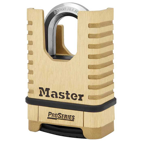 Master Lock Combination Padlock Proseries Shrouded Brass Resettable, Body Width: 2-1/4" (57mm), Shackle Length: 1-1/16" (27mm), Shackle Width: 15/16" (24mm), Shackle Diameter: 3/8" (10mm)